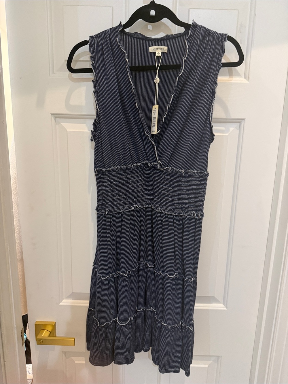 Max Studio Navy & White Striped V‑Neck Tiered Midi Dress